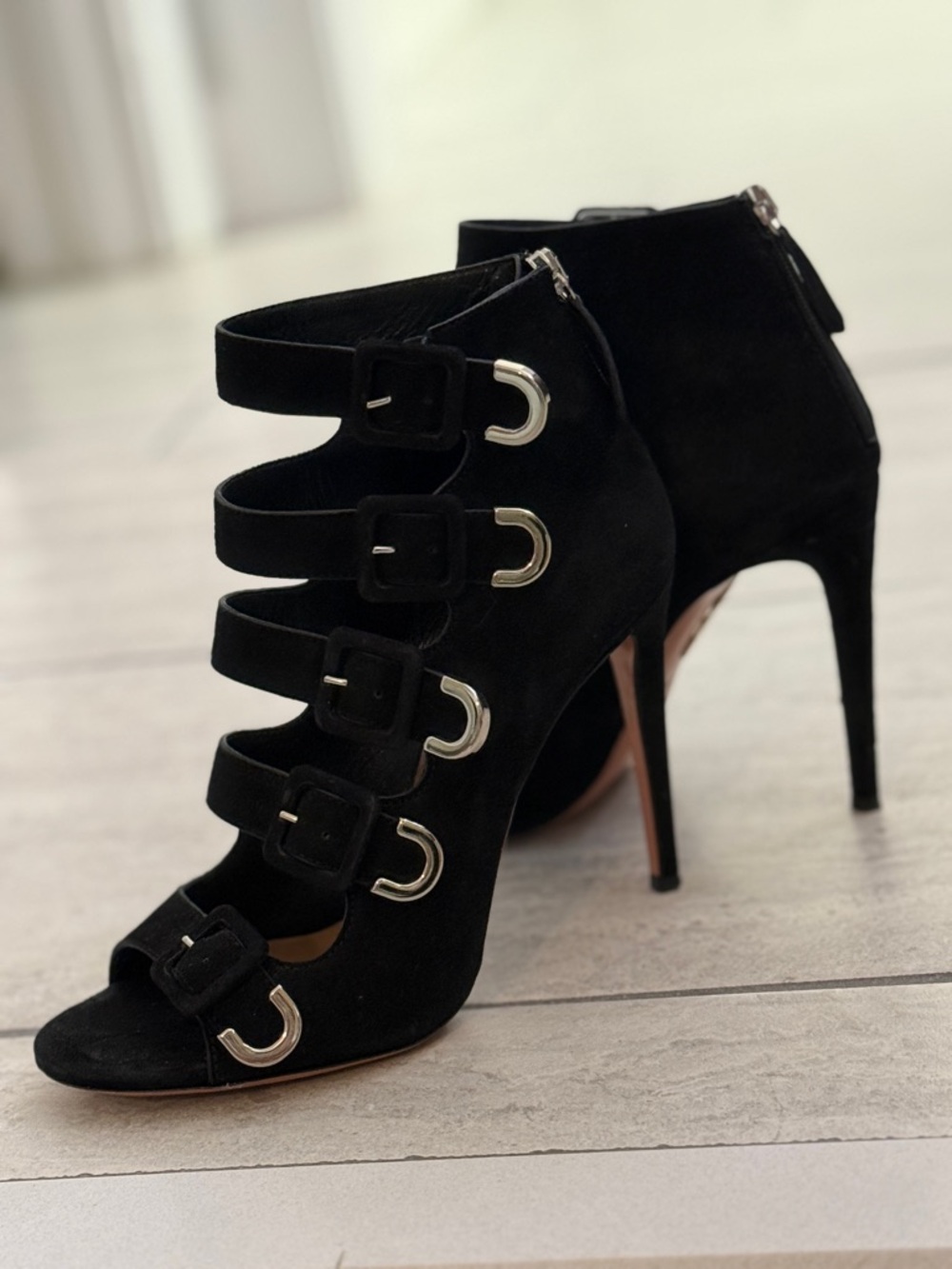 Aquazzura Multi-Buckle Suede Cage Heel | Black Sculptural Stiletto | size 39.5 - Picture 3 of 12